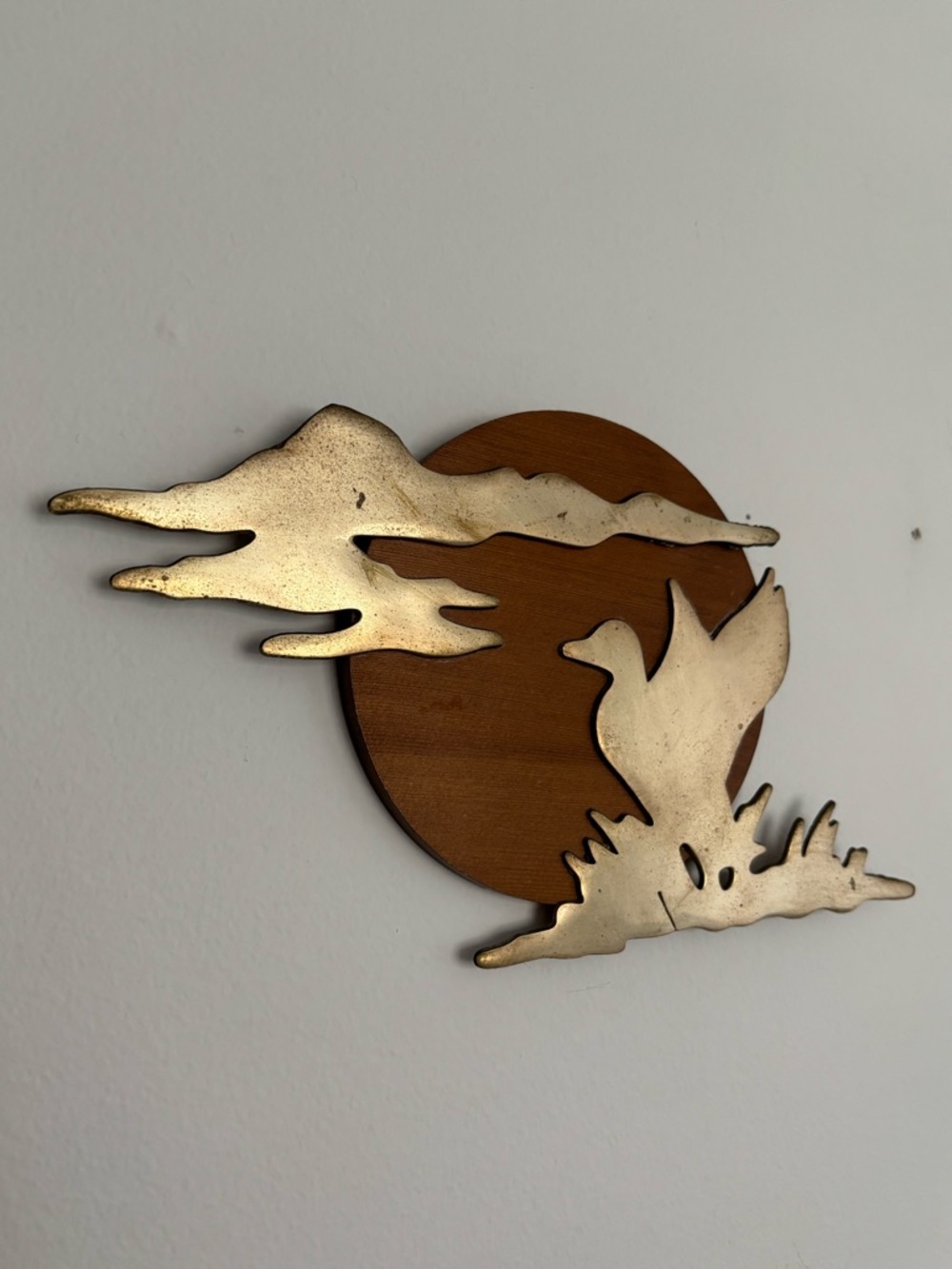 Vintage House of LLoyd Brass and Wood Duck and Cloud Wall Plaque 1989